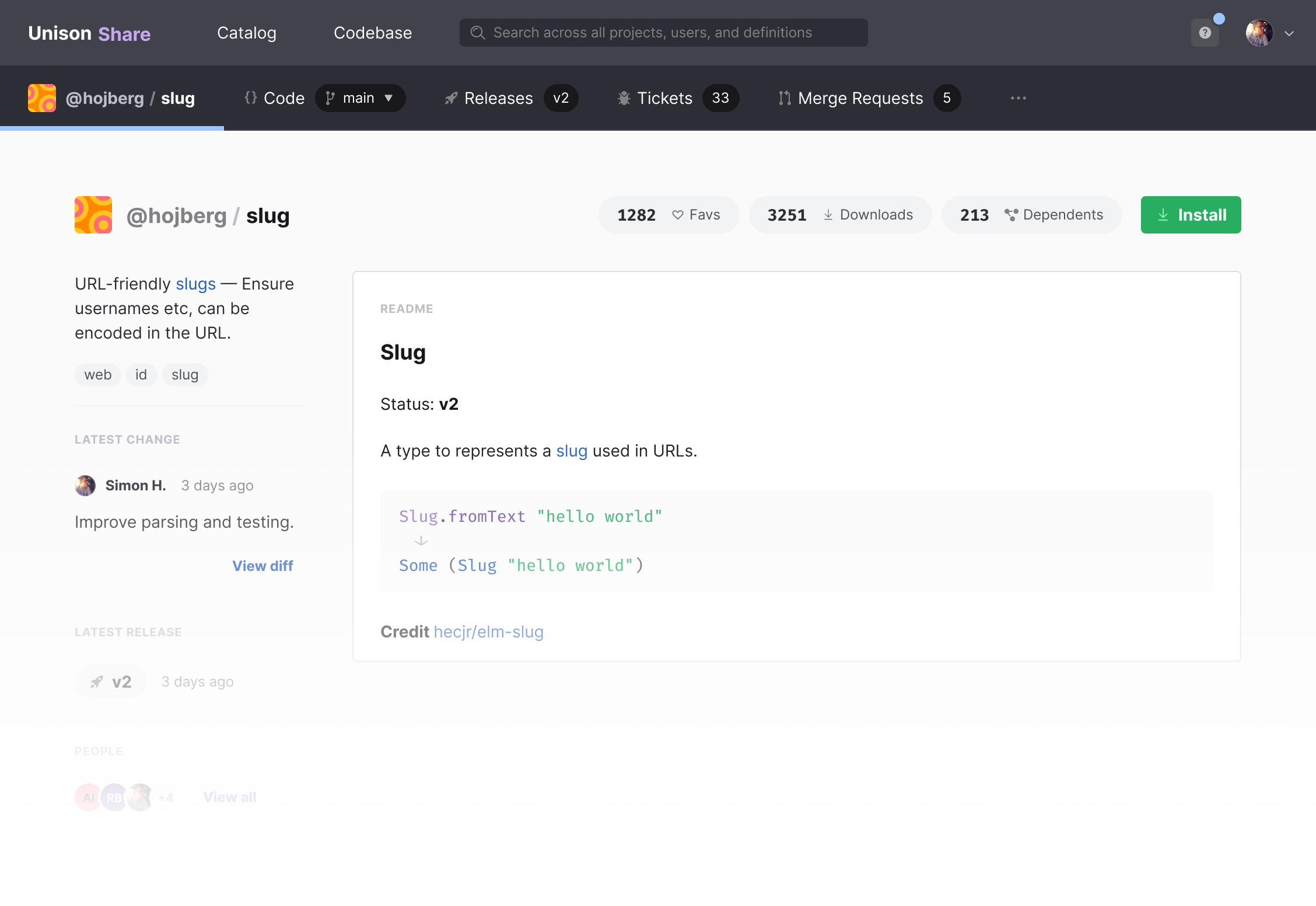 A mock up of the Unison projects overview UI, showing library name, version, and summary.