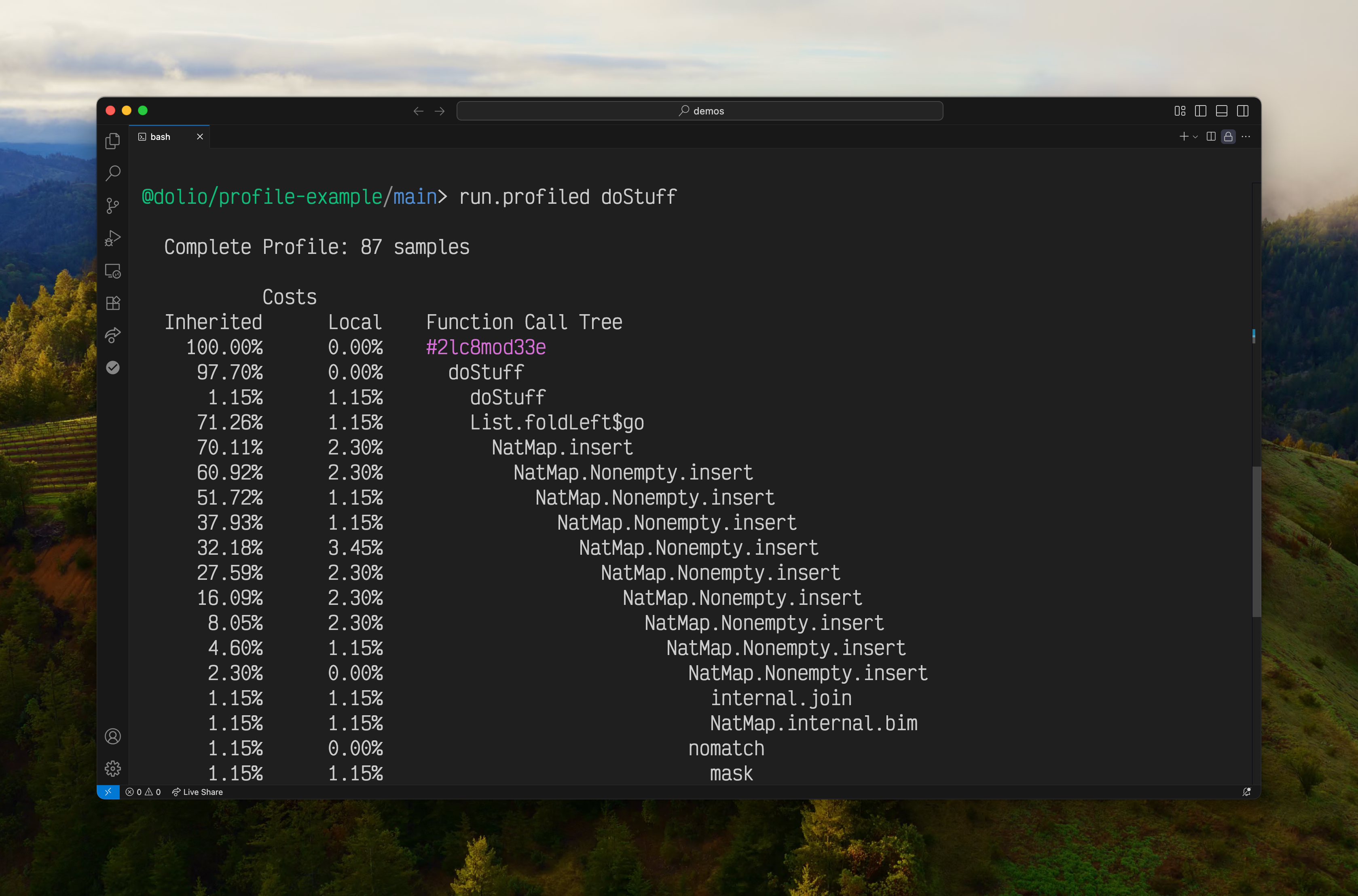A snapshot of the UCM command line profiler output